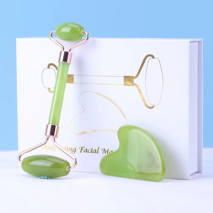 Custom anti Aging Pink Rose Natural Green Facial Jade Roller Heart Shaped Gua Sha with Jade Roller Set